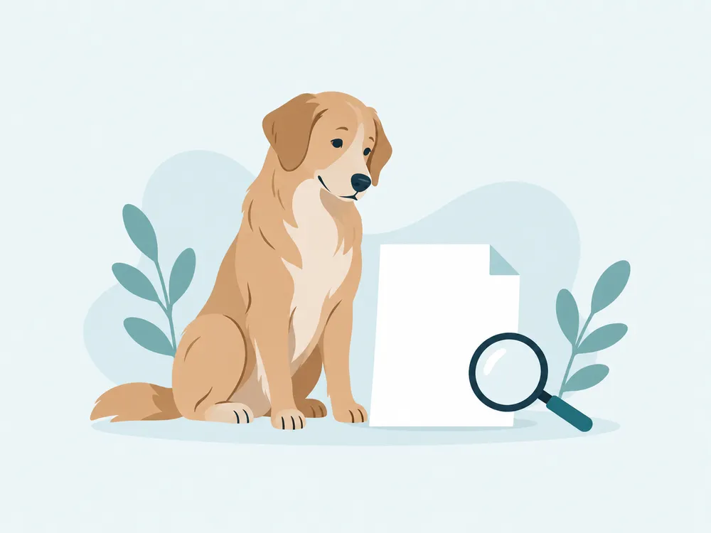 Illustration of a tan dog beside a blank sheet of paper and a magnifying glass, with pale blue and teal shapes.