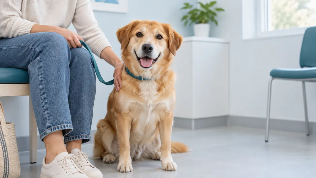 A tan dog sitting beside its owner, with the owner's hand resting on its shoulder in a bright consultation room.