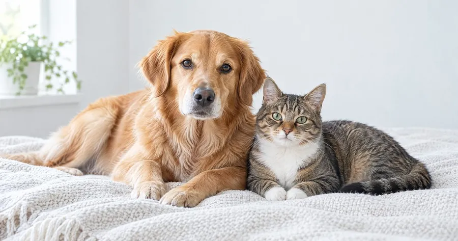Golden dog and tabby cat resting together on a pale blanket.