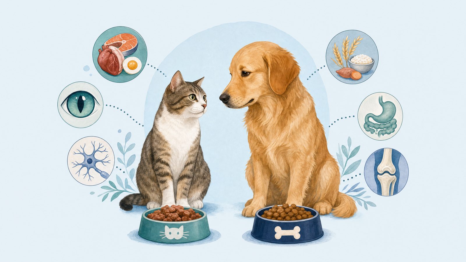 Illustration of cat and dog with clearly separate feeding bowls.