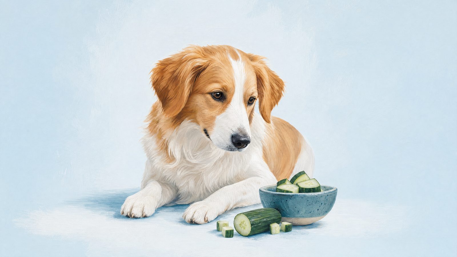 Illustration of dog beside a few small cucumber pieces.