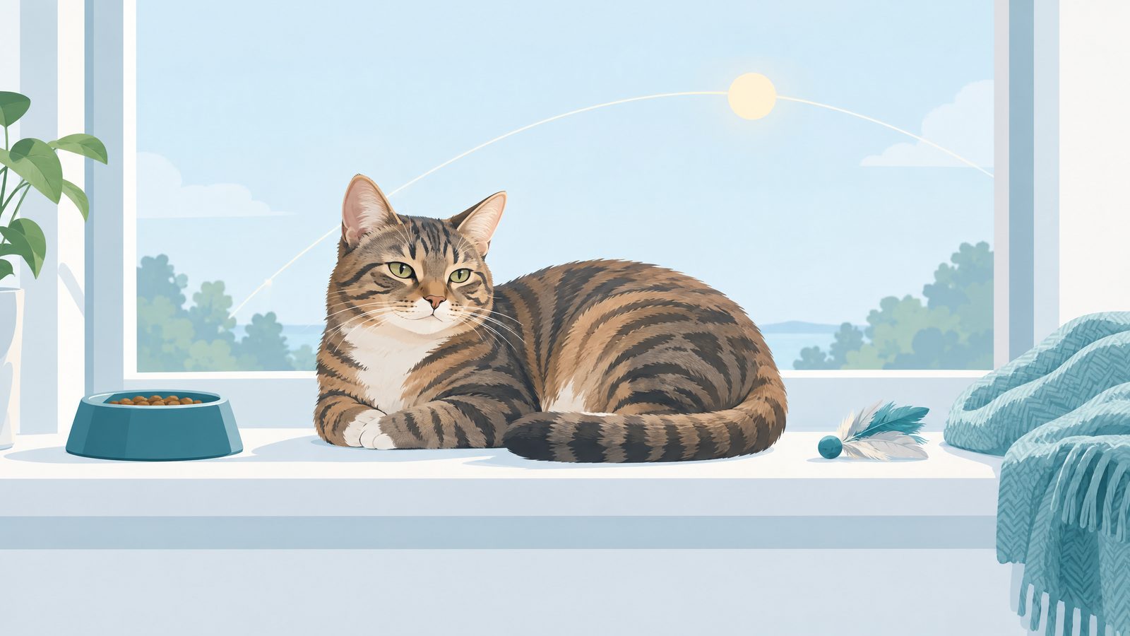 Illustration of a tabby cat resting on a windowsill with a soft sun arc, food bowl and feather toy nearby.