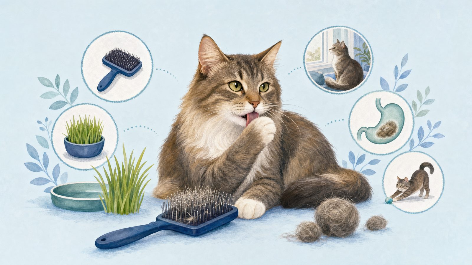 Illustration of cat beside a grooming brush.