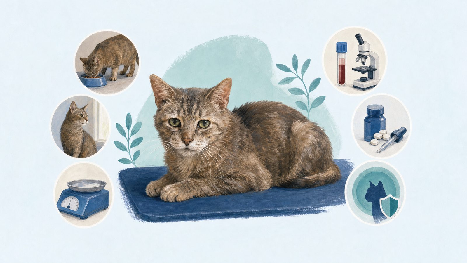 Illustration of older cat on a veterinary examination mat.
