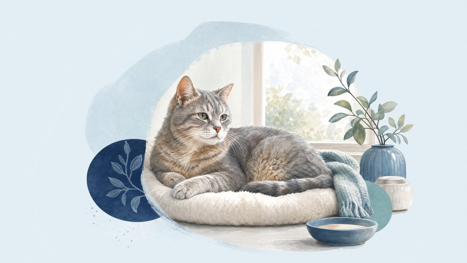 Illustration of senior cat resting in soft window light.