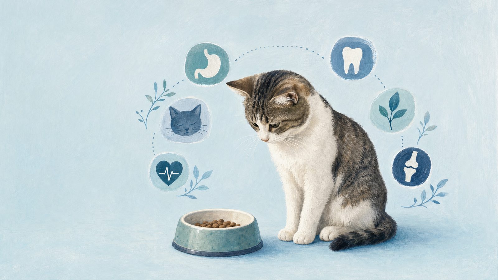 Illustration of cat beside an untouched food bowl.