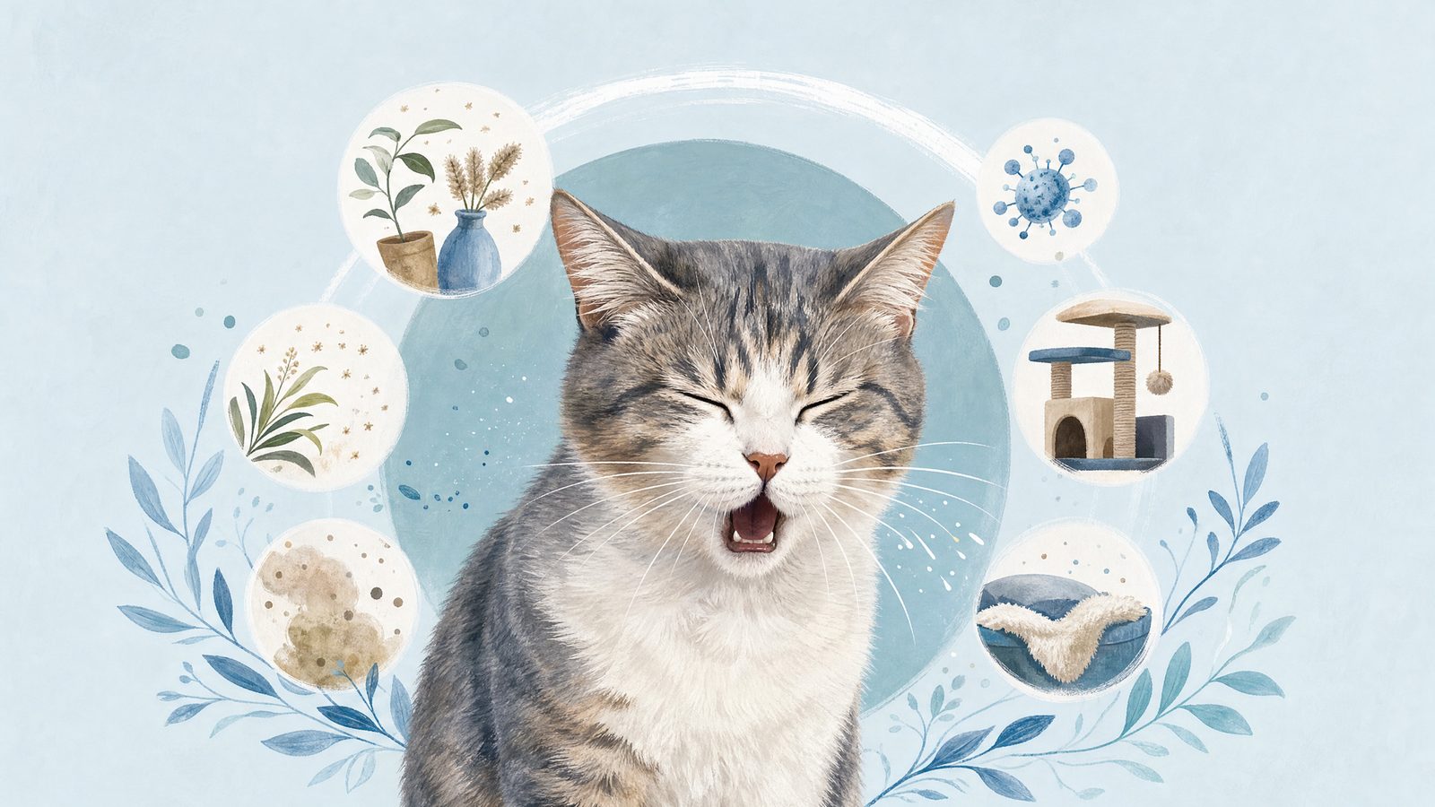 Illustration of cat portrait with a subtle sneeze gesture.