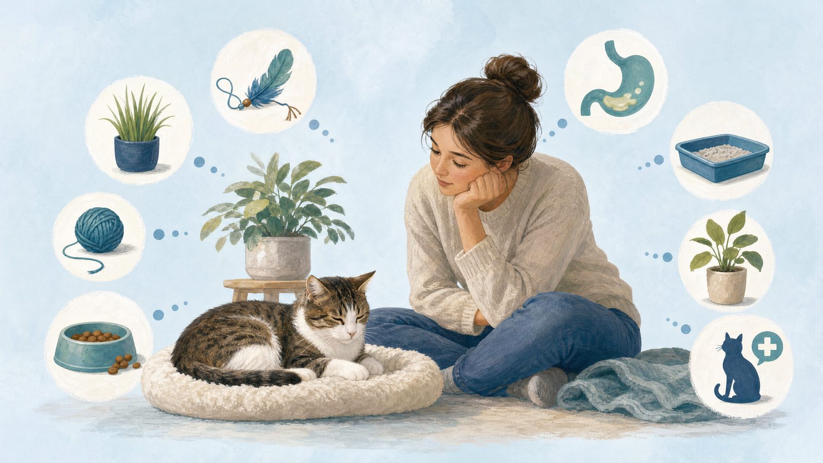 Illustration of cat resting calmly near its owner.