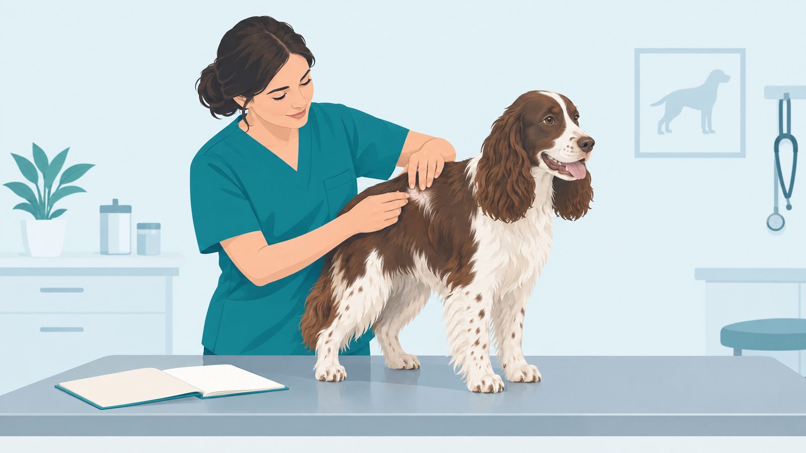 Illustration of a veterinarian gently examining a spaniel's coat on an exam table.