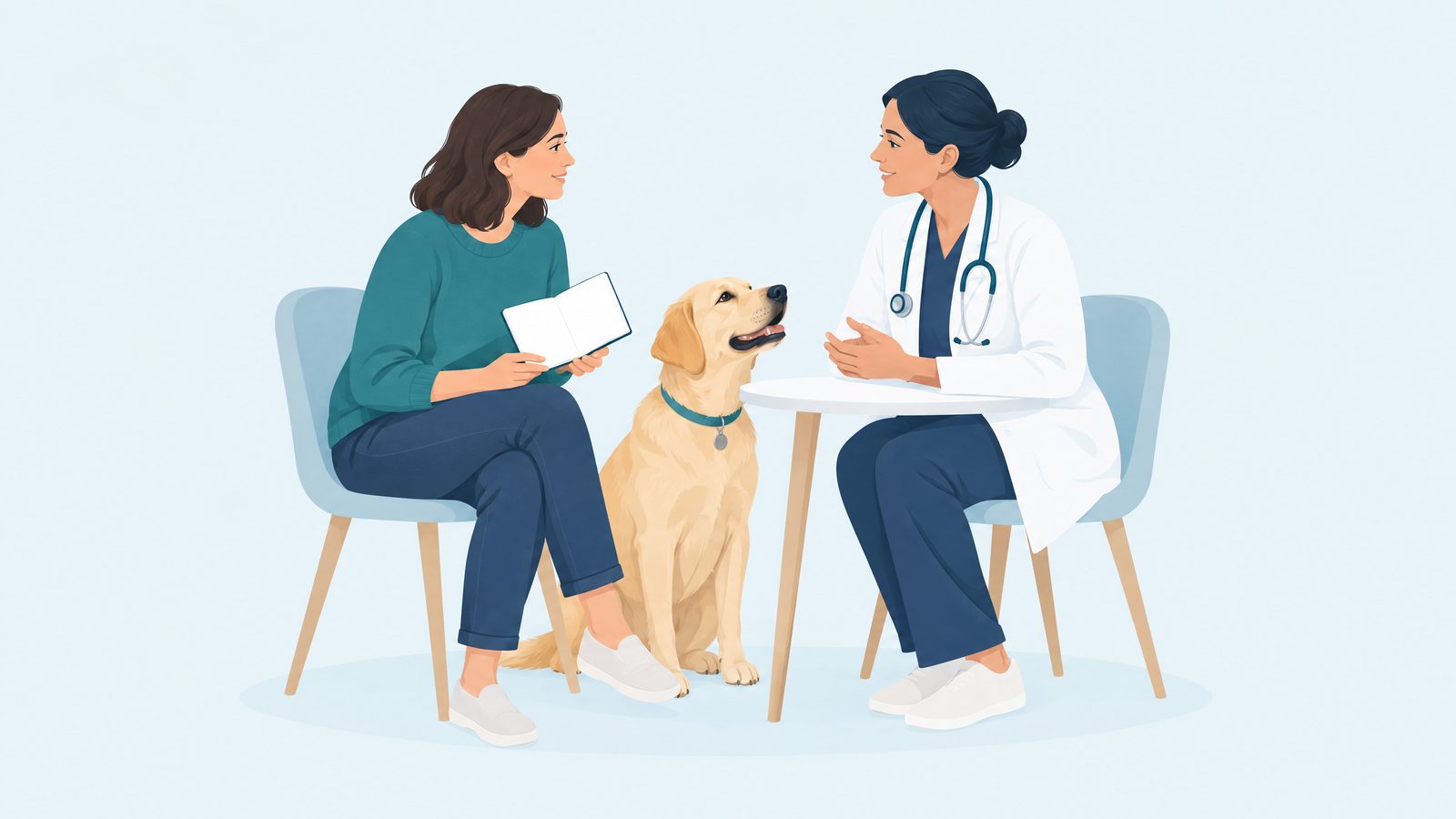 Illustration of an owner with a notebook talking with a veterinarian while a labrador sits between them.