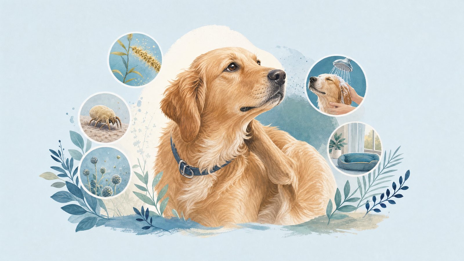 Illustration of dog portrait with simple environmental shapes.