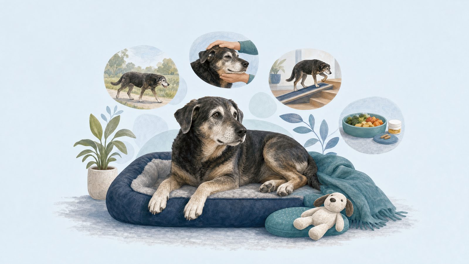 Illustration of gray-muzzled dog on a supportive bed.