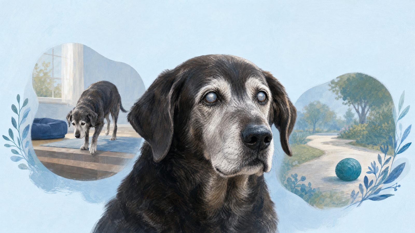 Illustration of gentle close portrait of an older dog.