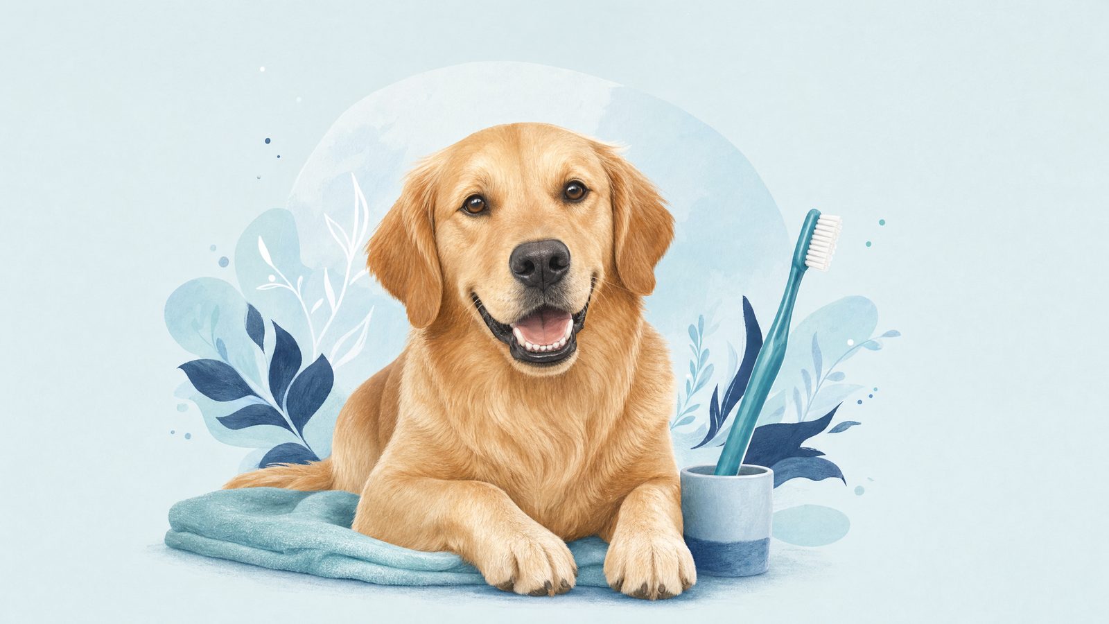Illustration of dog beside a pet toothbrush.