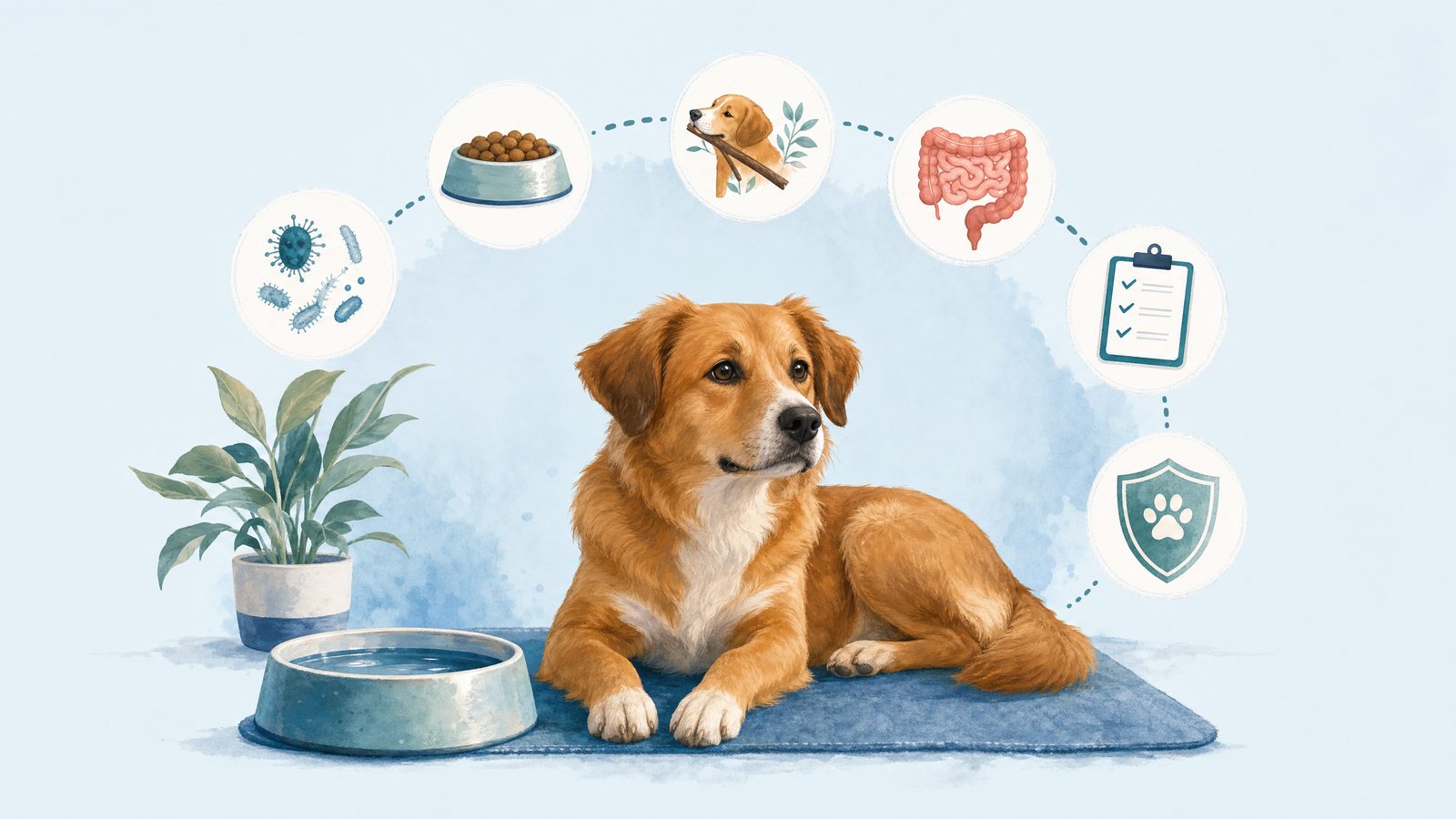 Illustration of dog resting beside a water bowl.