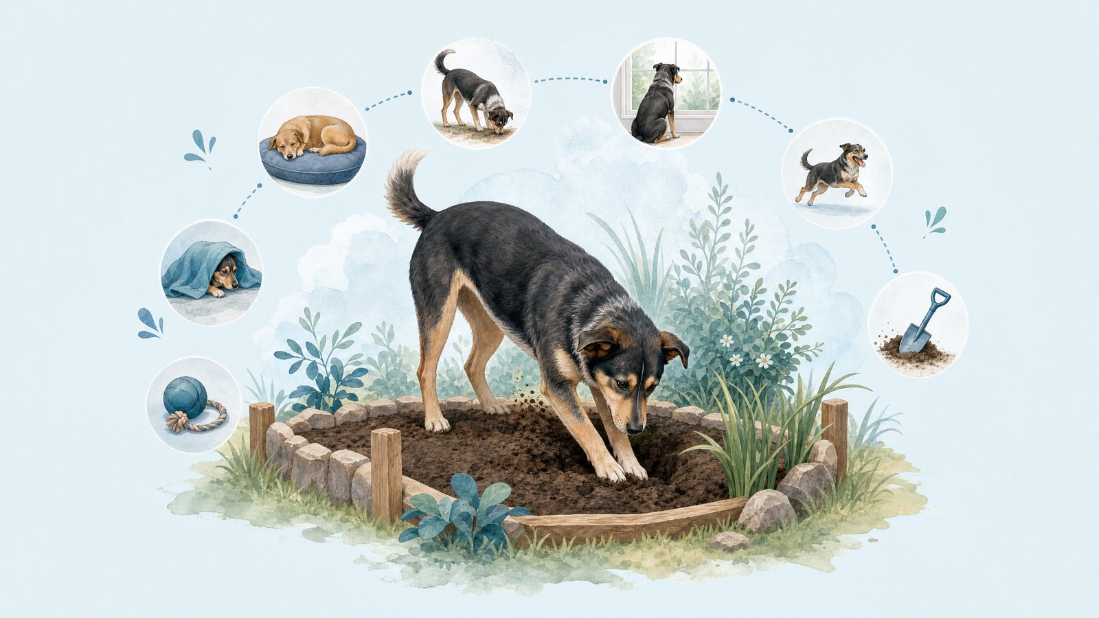 Illustration of dog beside a designated garden digging area.
