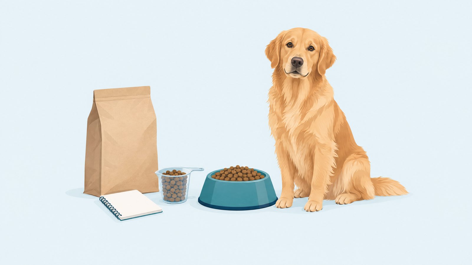Illustration of a golden retriever beside a food bowl, measuring cup, plain food bag and notebook.