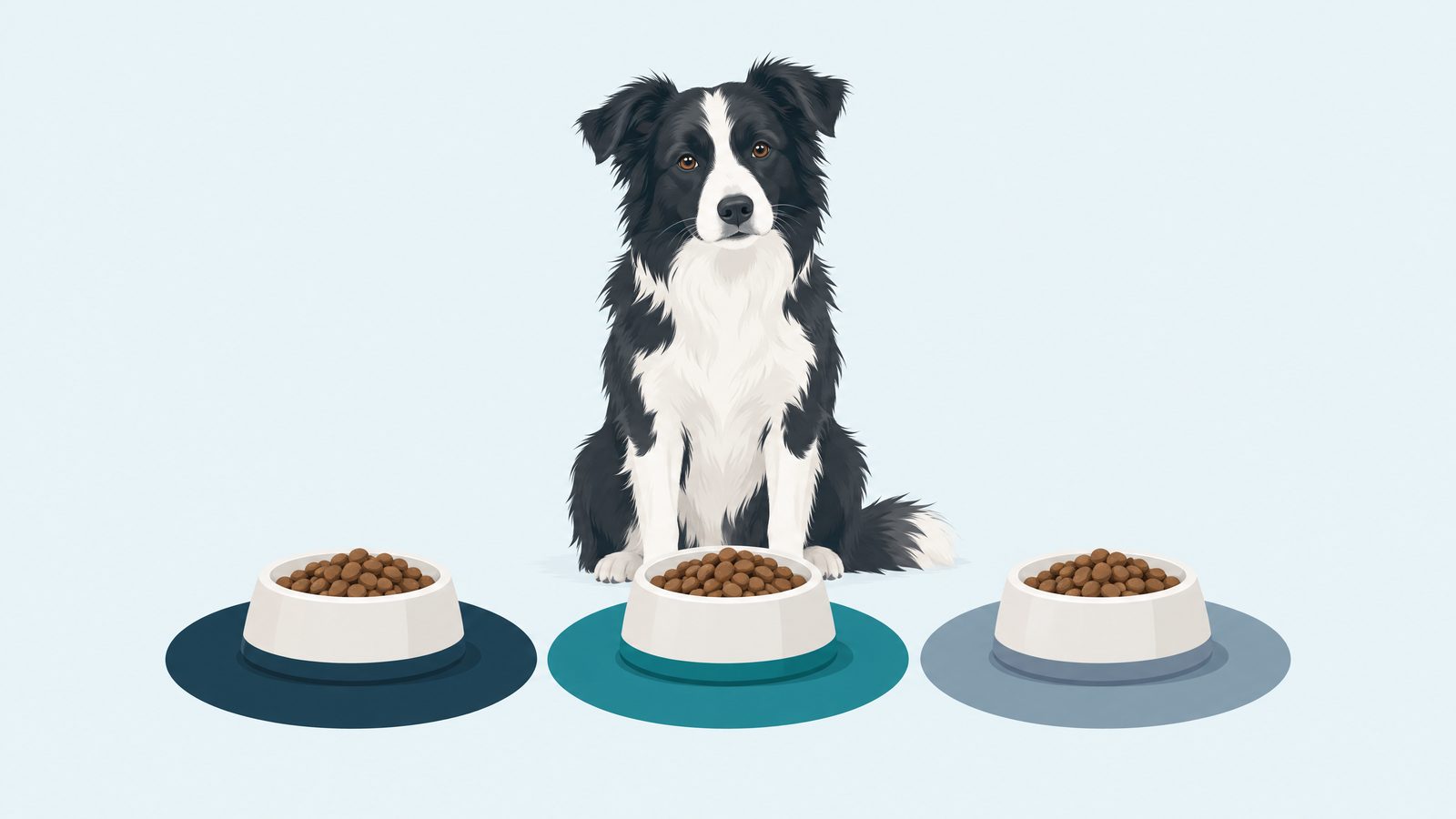Illustration of a border collie behind three separate food bowls, each on its own colored circle.