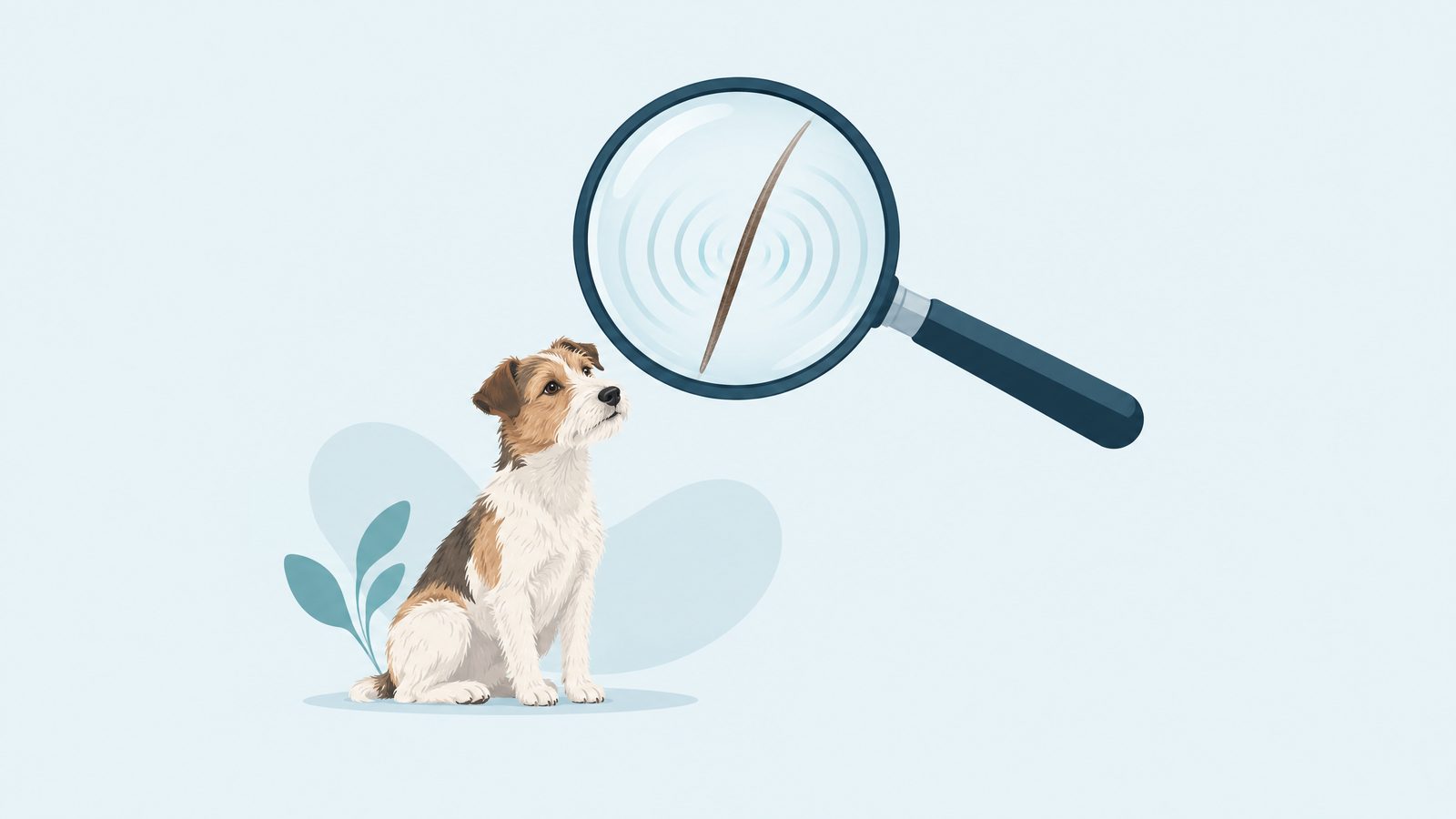 Illustration of a magnifying lens examining a single dog hair with soft ripple waves above a calm terrier.
