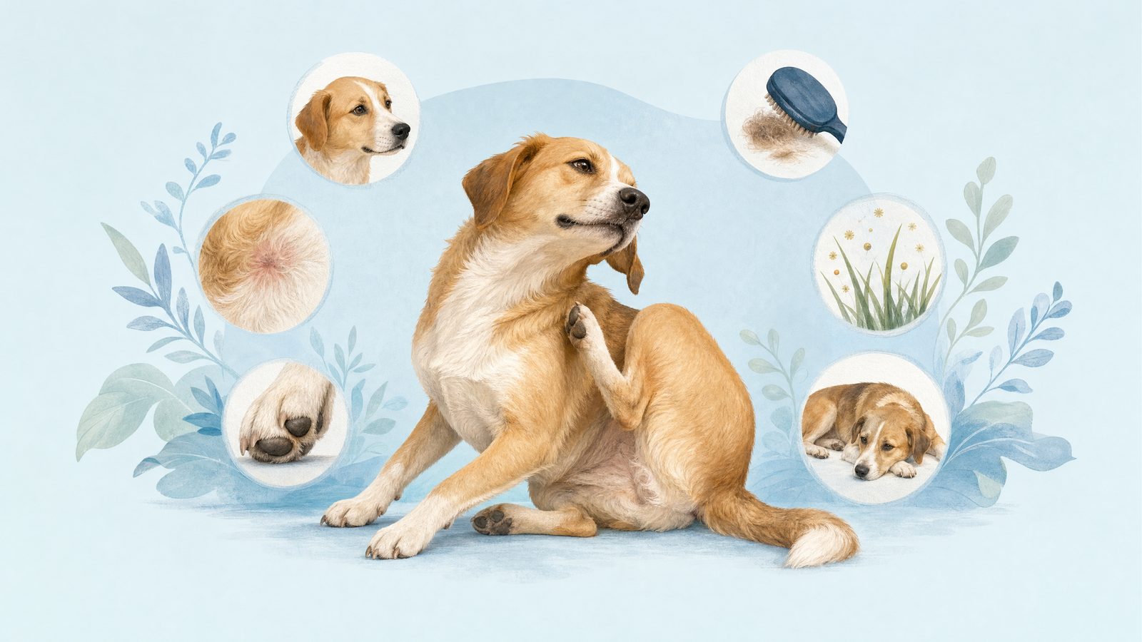 Illustration of dog gently scratching its shoulder.