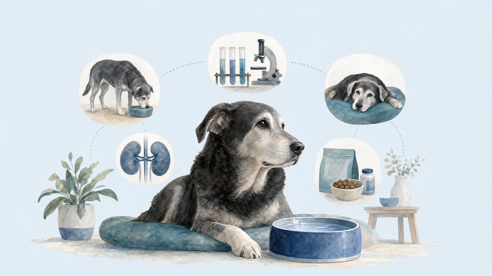 Illustration of older dog beside a fresh water bowl.