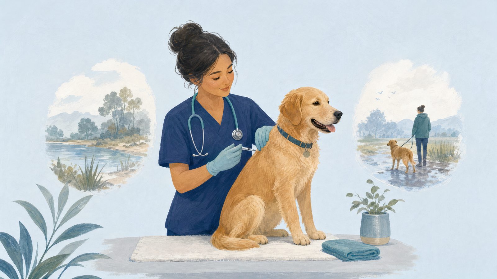 Illustration of dog at a calm veterinary checkup.