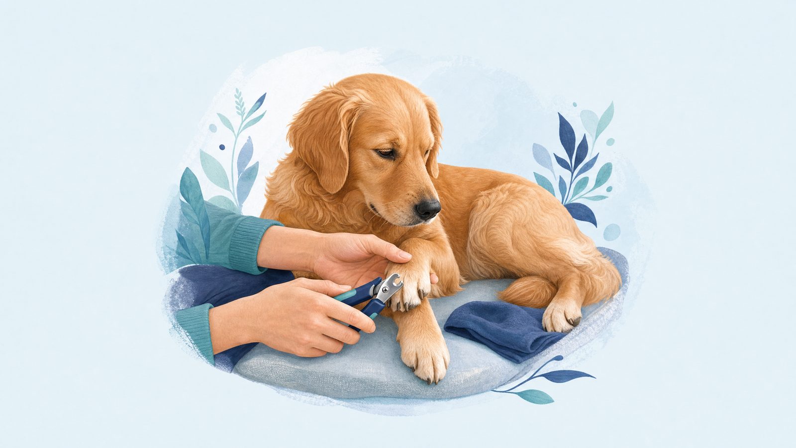 Illustration of dog paw beside pet nail clippers.