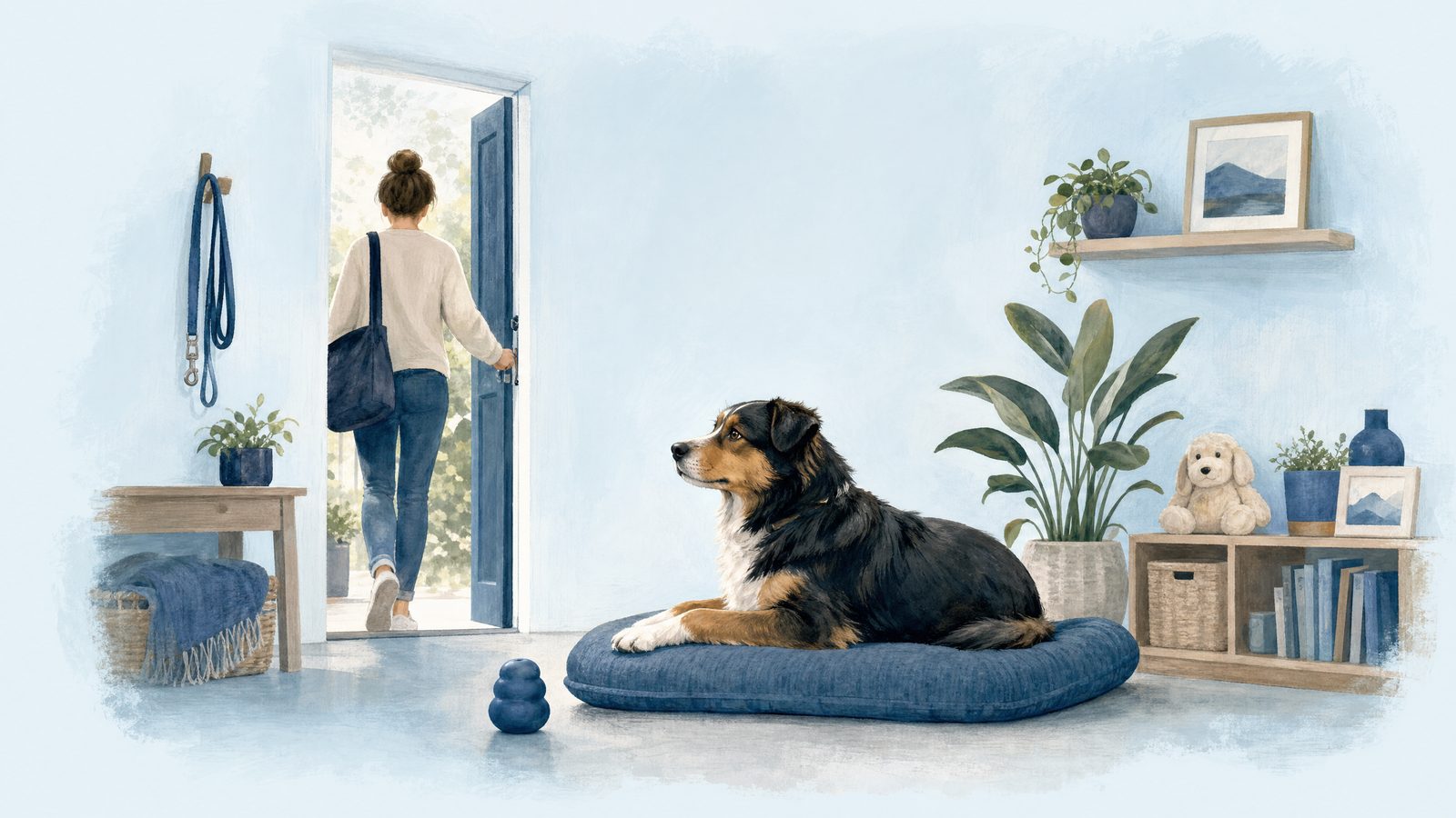 Illustration of dog settling on a mat as an owner leaves.