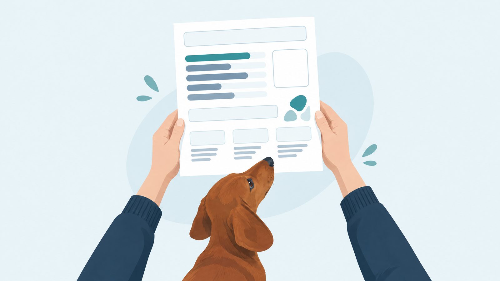 Illustration of hands holding a report page with abstract chart shapes while a dachshund looks up.