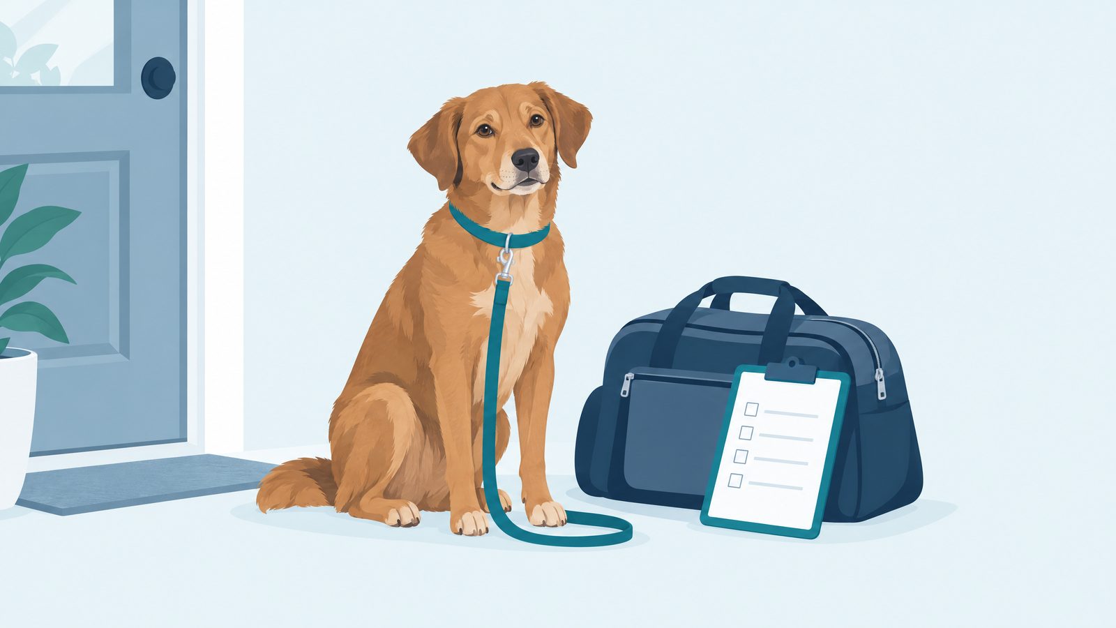 Illustration of a leashed dog waiting by a front door beside a travel bag and a blank checklist clipboard.