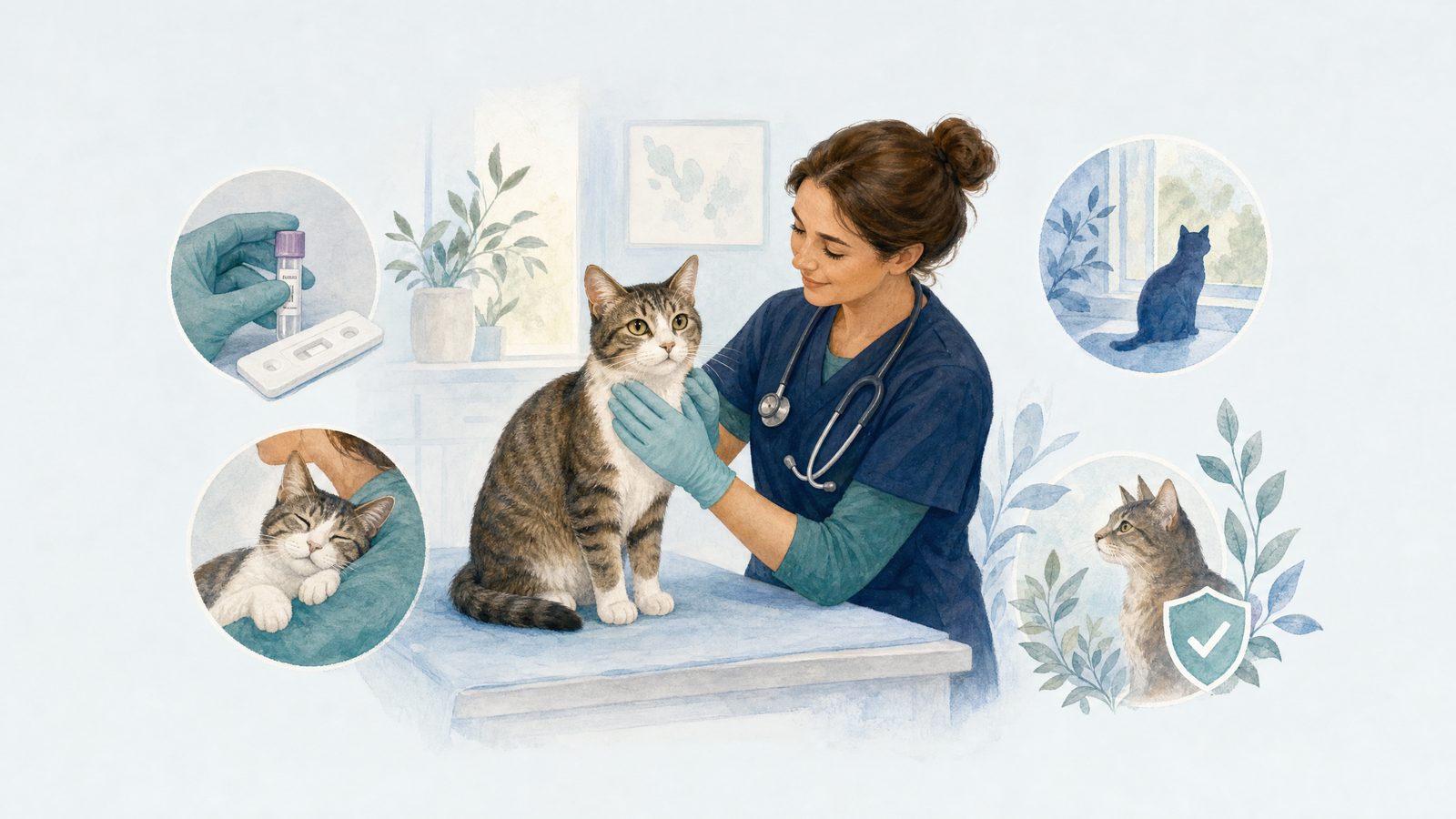 Illustration of cat in a calm veterinary examination room.