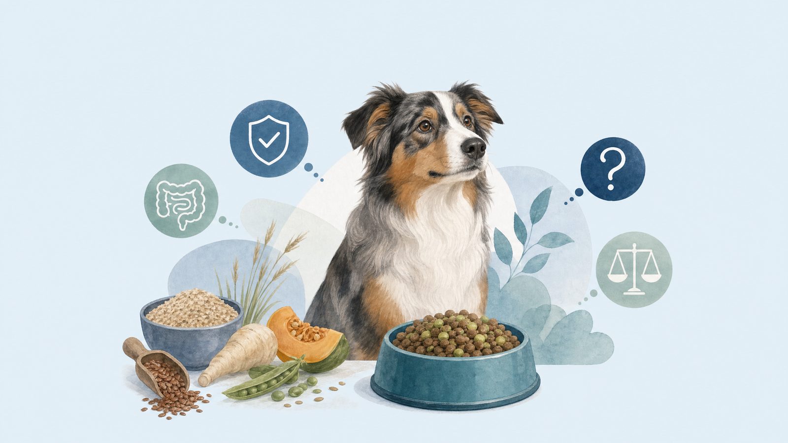Illustration of dog with a bowl and simple food illustrations.