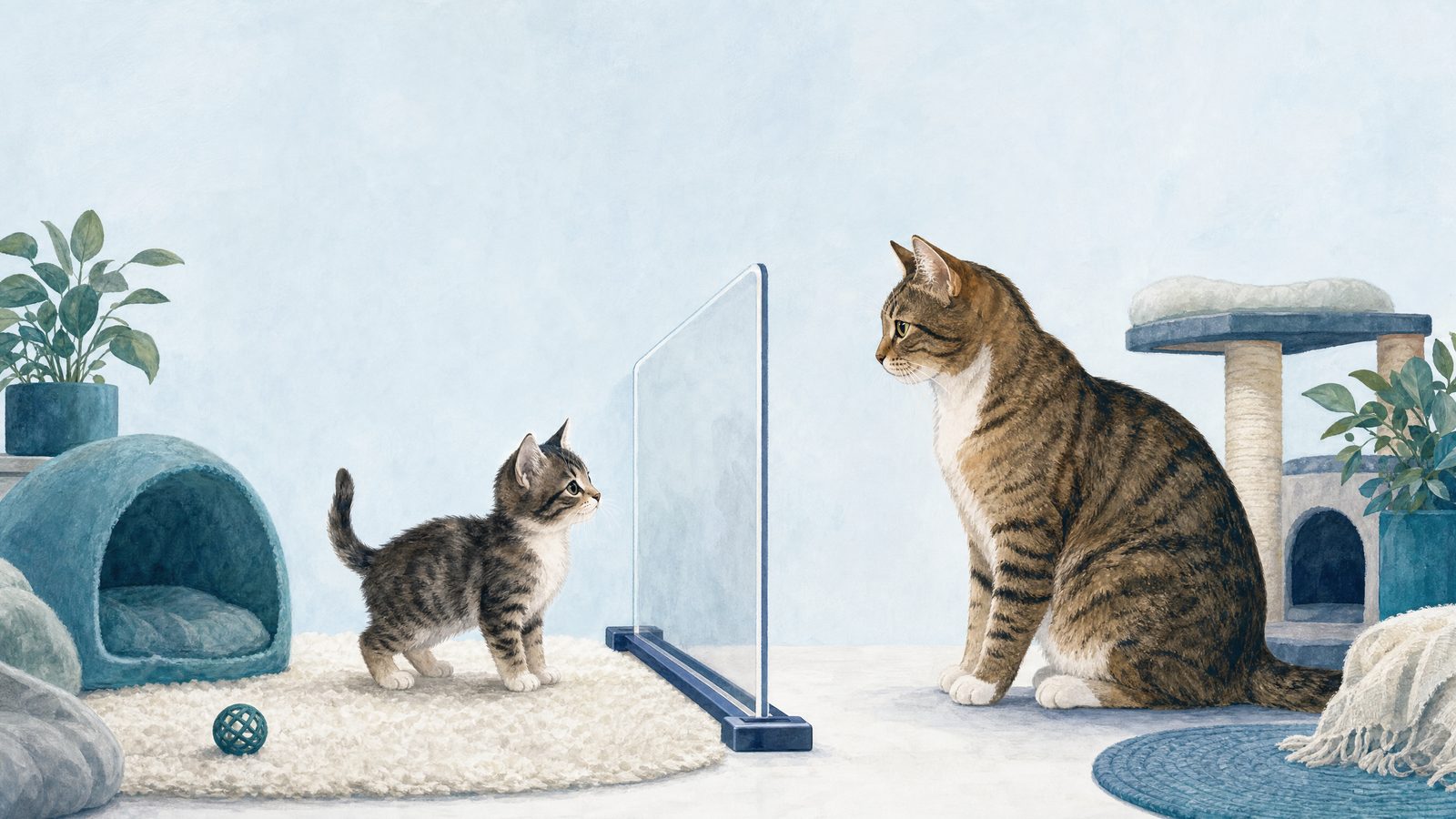 Illustration of kitten and adult cat on opposite sides of a safe barrier.