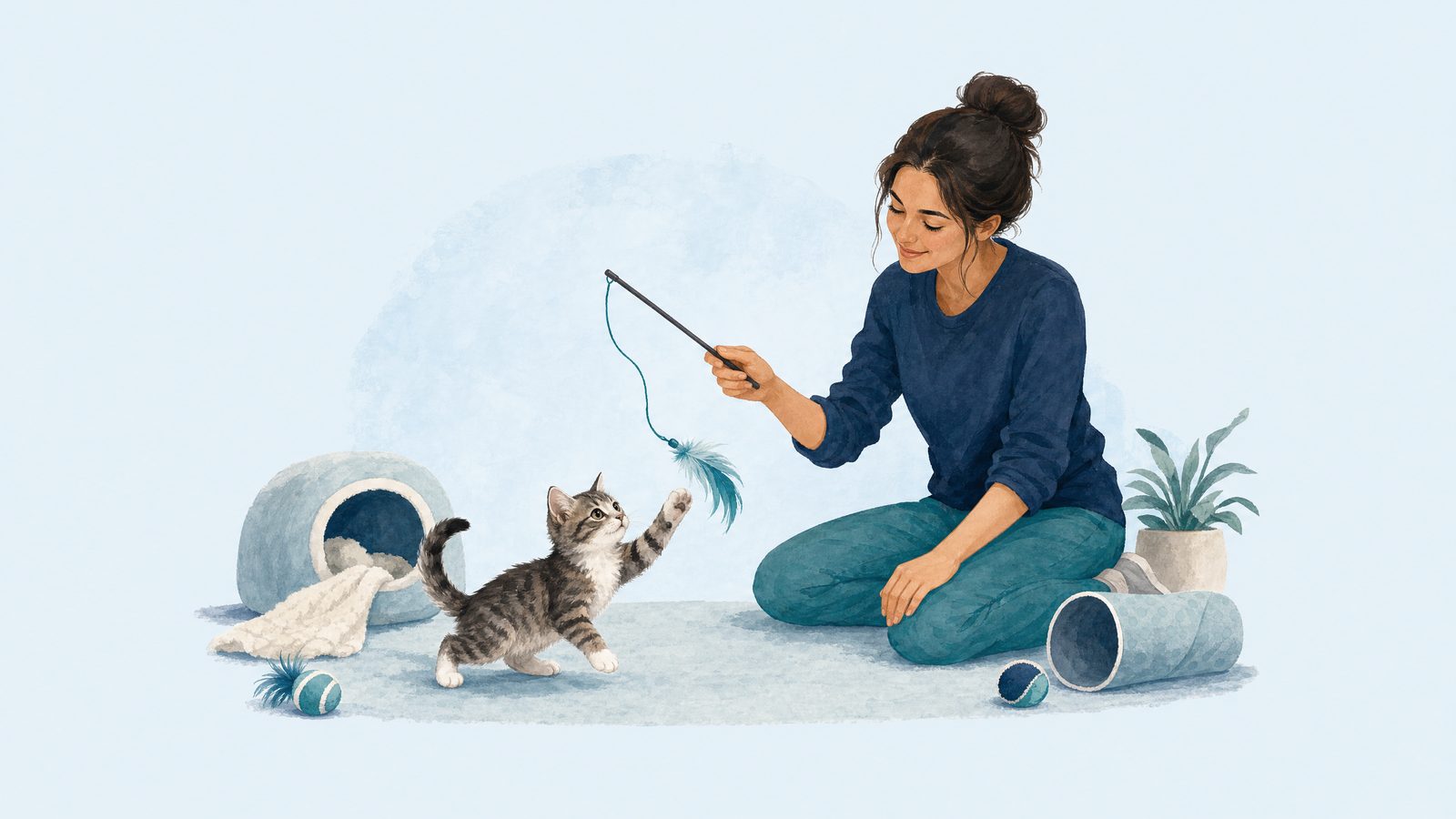Illustration of kitten playing with a supervised wand toy.