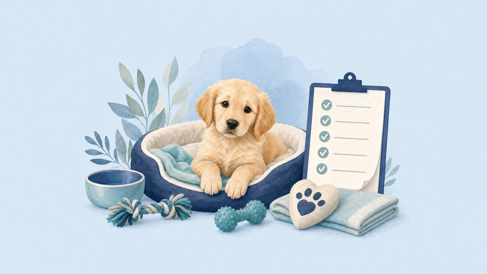 Illustration of puppy with bed, bowl and safe chew toy.
