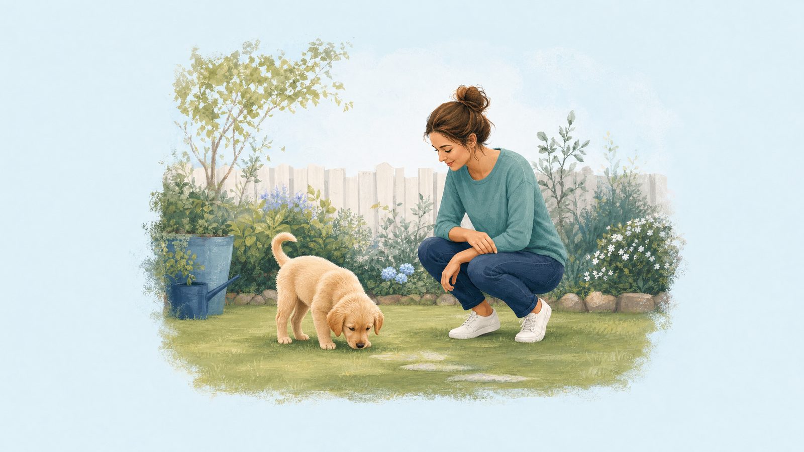Illustration of puppy in a quiet garden with an owner nearby.