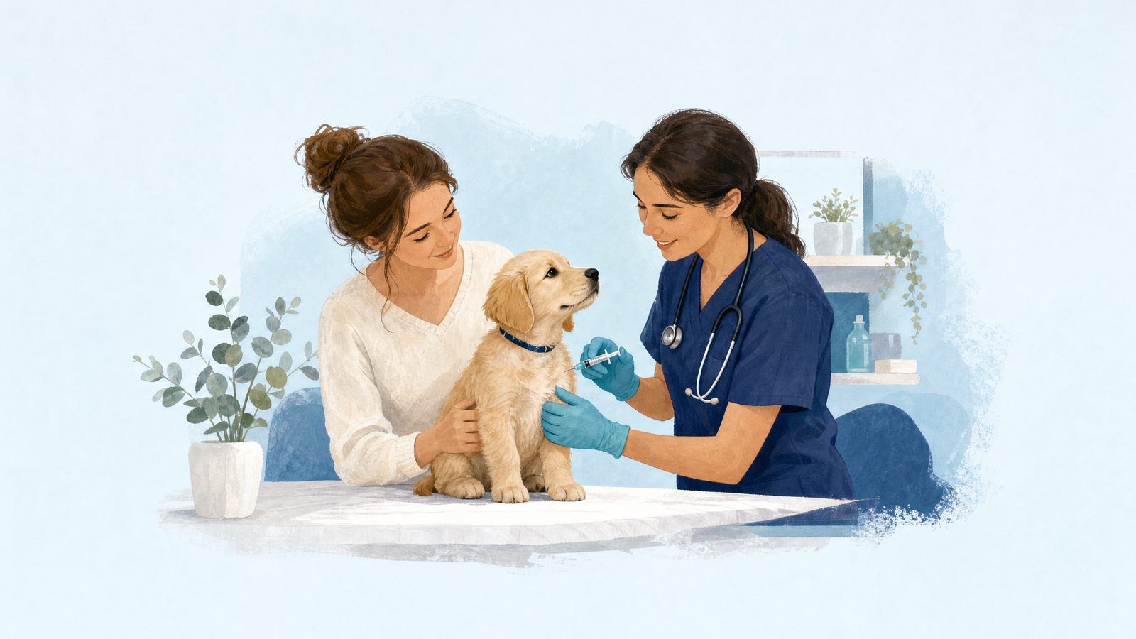 Illustration of puppy at a routine veterinary visit.
