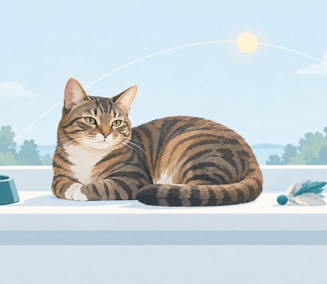 Illustration of a tabby cat resting on a windowsill with a soft sun arc, food bowl and feather toy nearby.