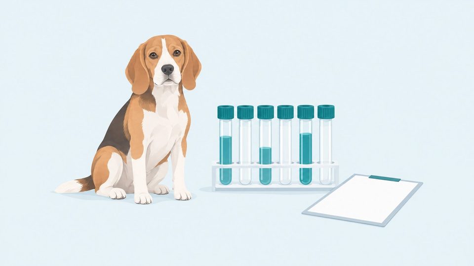 Illustration of a calm beagle sitting beside a rack of unlabeled sample tubes and a blank clipboard.