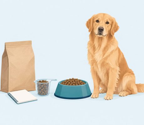 Illustration of a golden retriever beside a food bowl, measuring cup, plain food bag and notebook.