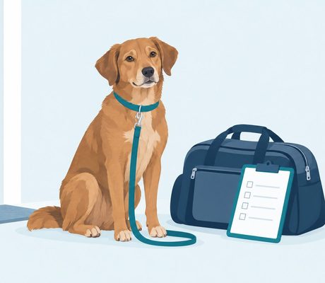Illustration of a leashed dog waiting by a front door beside a travel bag and a blank checklist clipboard.